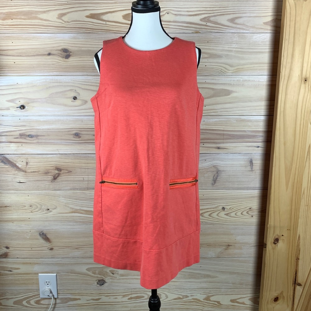 J.Crew Dress Womens Medium Coral Pink Shift Sleeveless Front Zip Pockets
